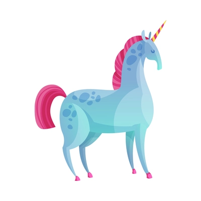 Cartoon blue unicorn with pink hair hooves and colorful horn vector illustration