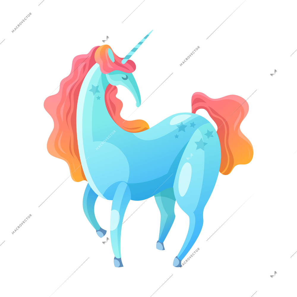 Cartoon fantasy blue unicorn with gradient color hair vector illustration
