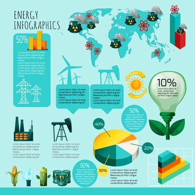 Energy infographics set with energy and power generation symbols charts and world map vector illustration