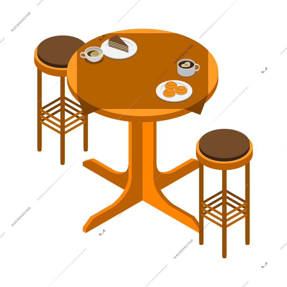 Cafe or bakery interior icon with two stools desserts and cups of coffee on round table 3d isometric vector illustration