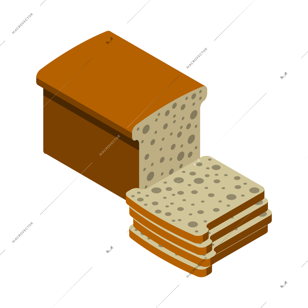 Sliced rye or wholemeal bread loaf isometric icon 3d vector illustration