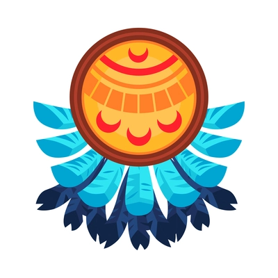 Maya civilization ancient shield with feathers flat vector illustration