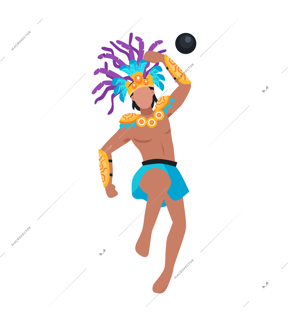 Maya civilization flat mayan man wearing traditional costume playing with ball vector illustration