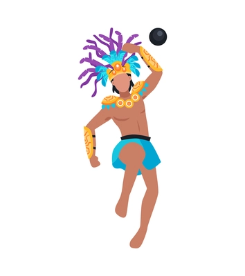 Maya civilization flat mayan man wearing traditional costume playing with ball vector illustration