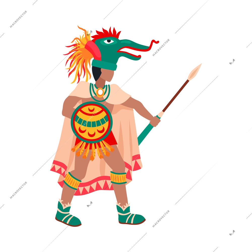 Maya civilization mayan warrior with spear and shield wearing traditional costume flat vector illustration