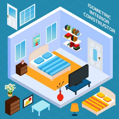 Isometric bedroom blue walls interior with 3d furniture icons set vector illustration
