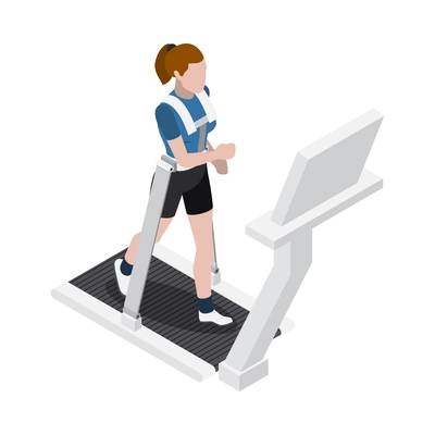 Astronaut training isometric icon with female cosmonaut running on treadmill vector illustration