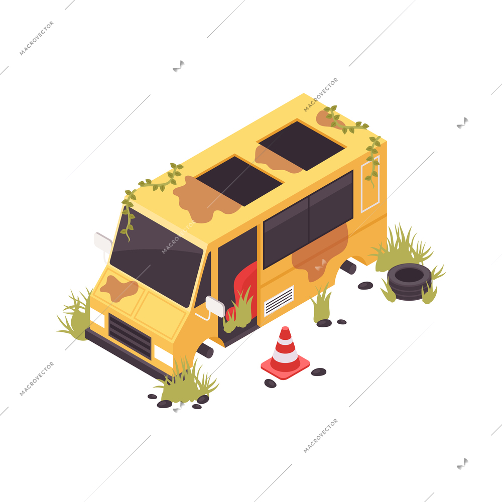 Isometric post apocalypse scene with broken abandoned bus 3d vector illustration