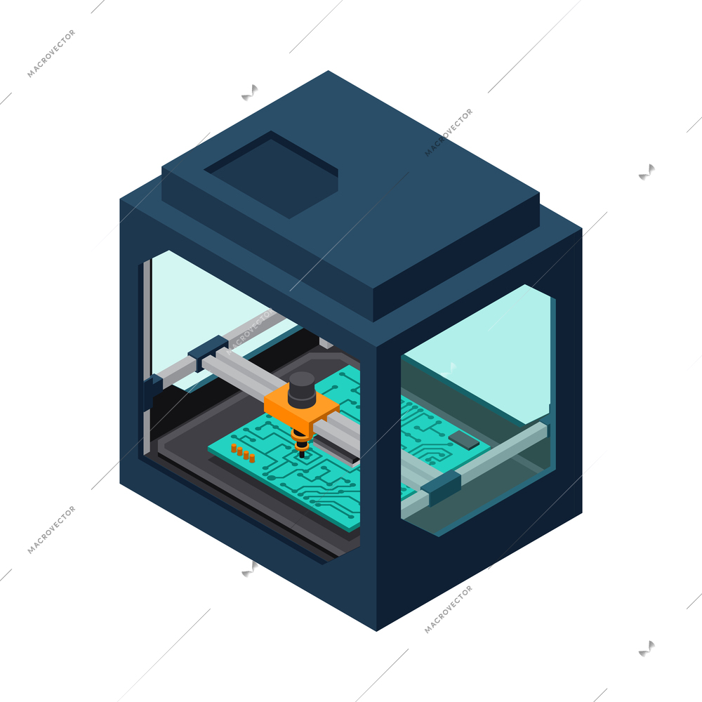 3D printing industry isometric icon with motherboard printing process vector illustration