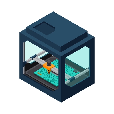 3D printing industry isometric icon with motherboard printing process vector illustration