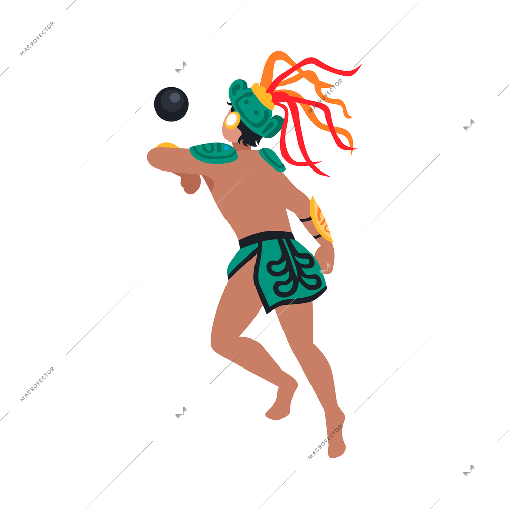 Flat character of mayan man wearing traditional costume playing with ball back view vector illustration