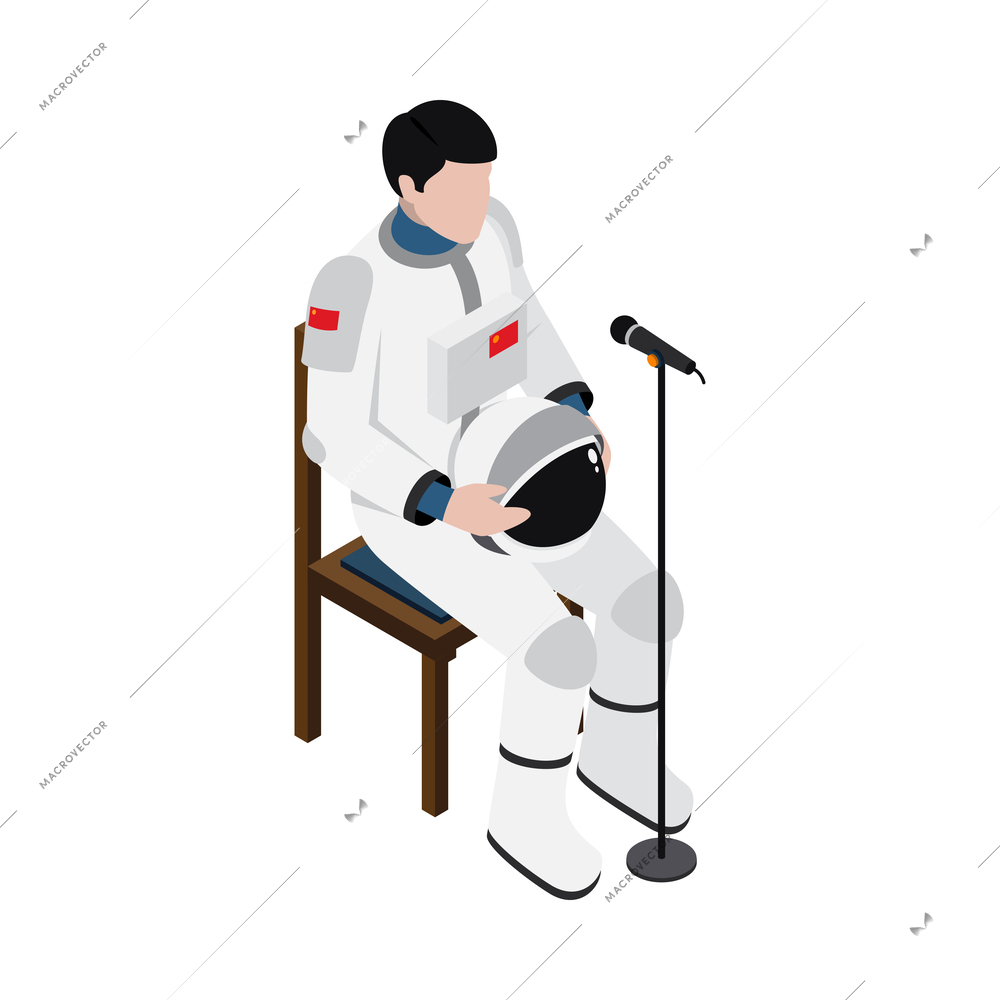 Isometric male taikonaut in spacesuit in front of microphone 3d vector illustration