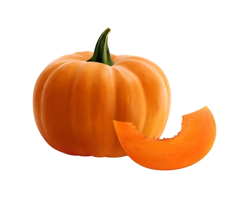 Realistic whole and cut fresh pumpkin on white background vector illustration