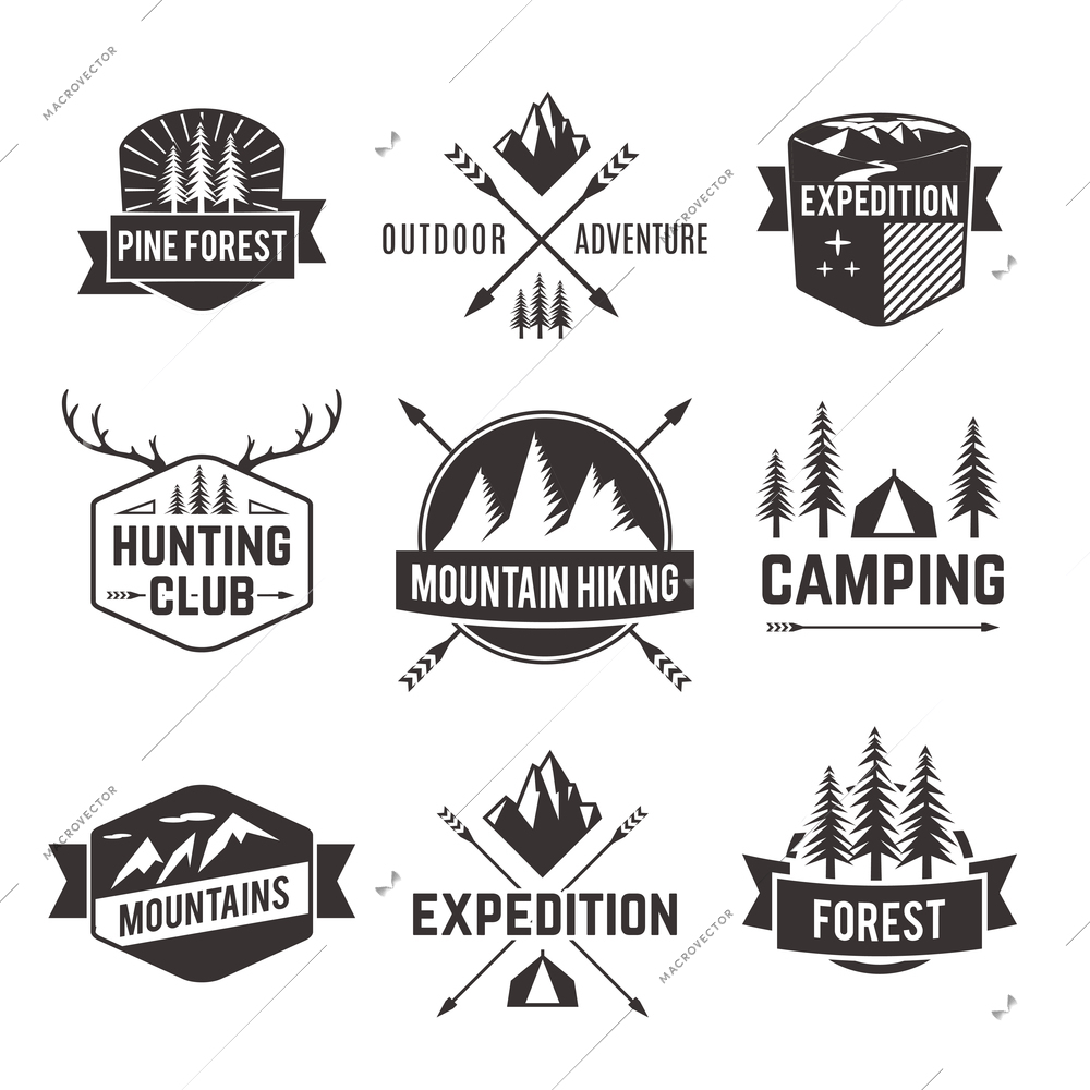 Mountain hiking outdoor adventure travel agencies tourism graphic symbols emblems labels  collection black abstract isolated vector illustration