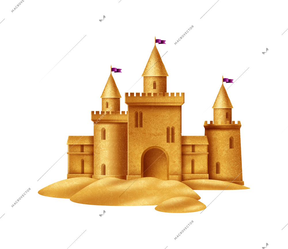 Realistic sand castle with flags on beach vector illustration