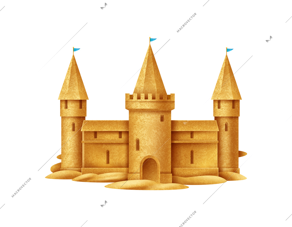 Realistic sand castle with blue flags on towers front view vector illustration