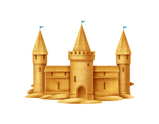 Realistic sand castle with blue flags on towers front view vector illustration