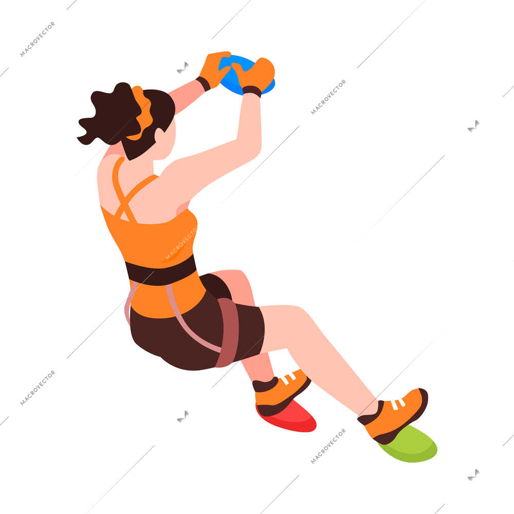 Female climber practising rock climbing on wall 3d isometric vector illustration