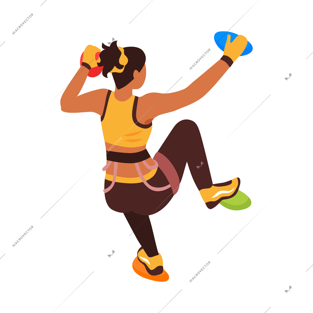 Female climber practising rock climbing on wall holding on colorful grips 3d isometric vector illustration