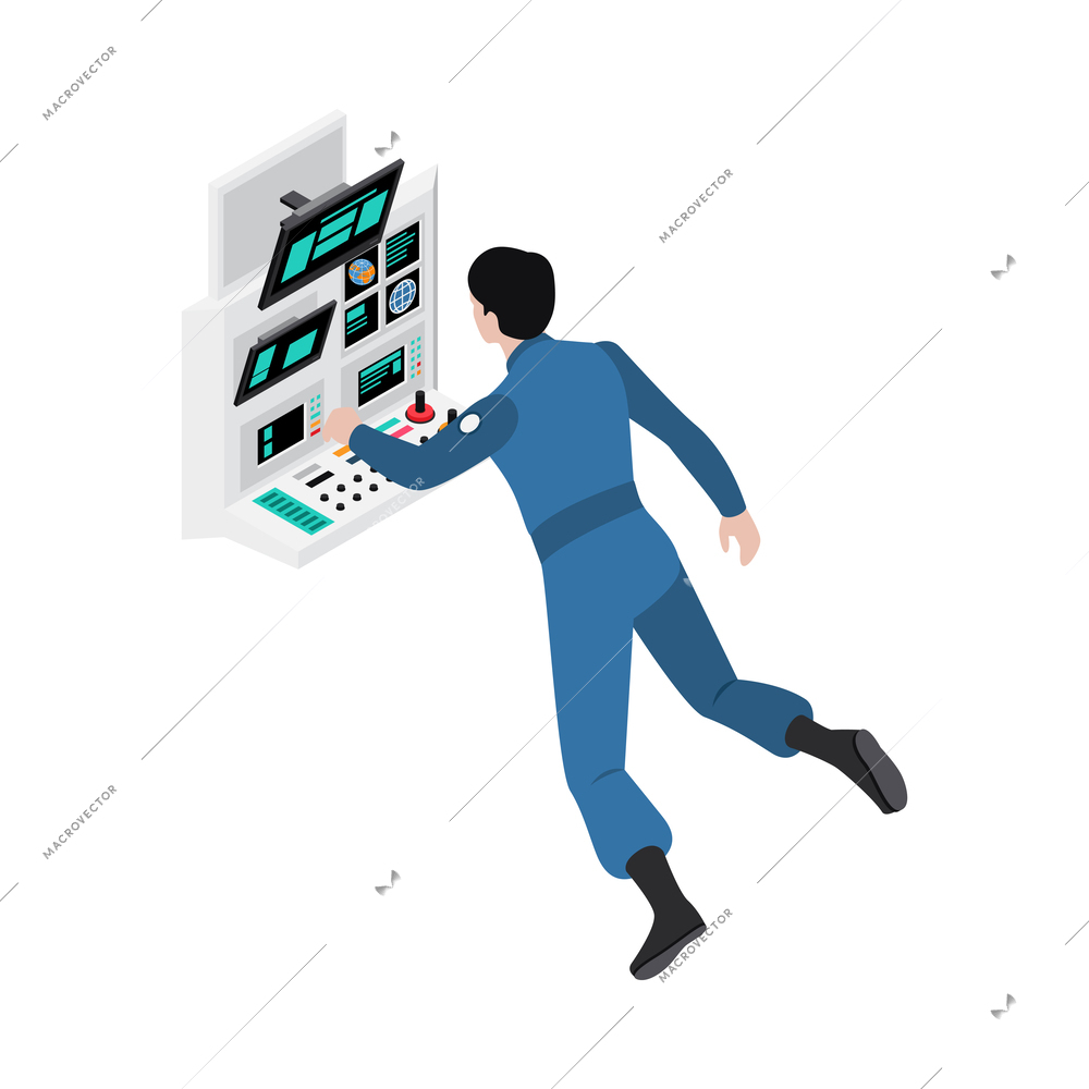 Isometric astronaut looking at monitors under zero gravity vector illustration