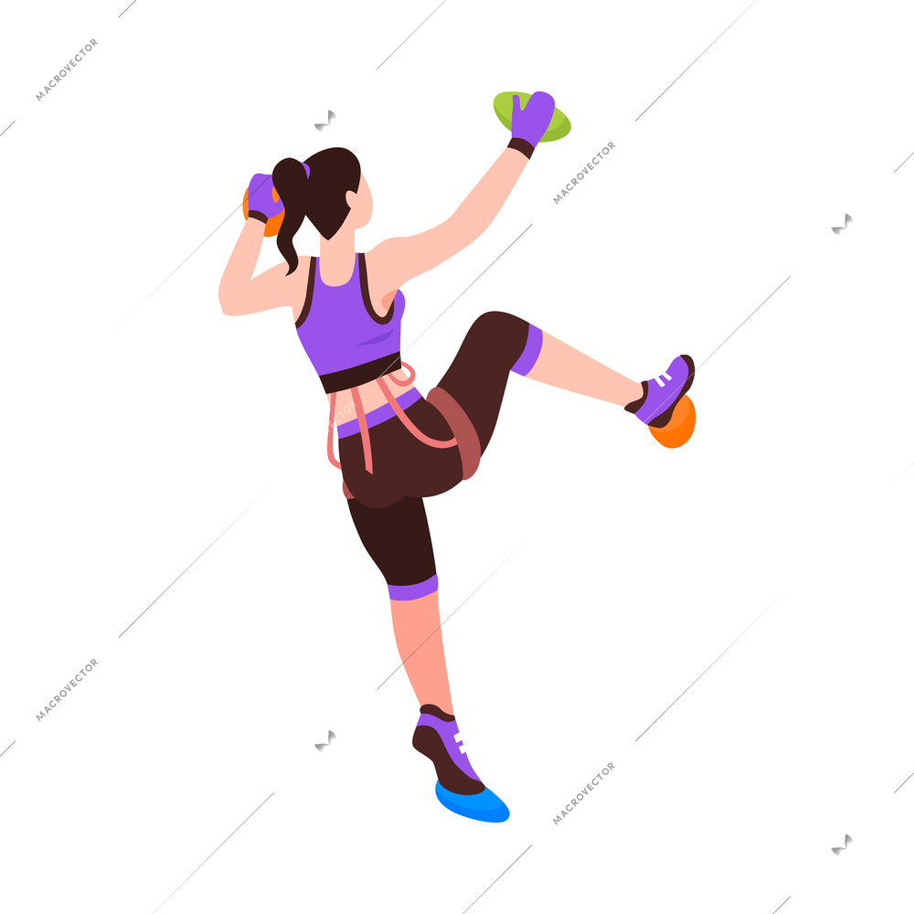 Female climber on climbing wall back view isometric vector illustration