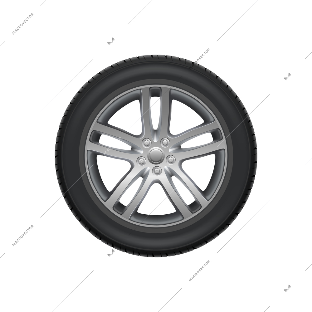 Realistic new tyred alloy car wheel against white background vector illustration