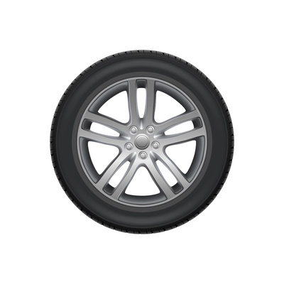 Realistic new tyred alloy car wheel against white background vector illustration