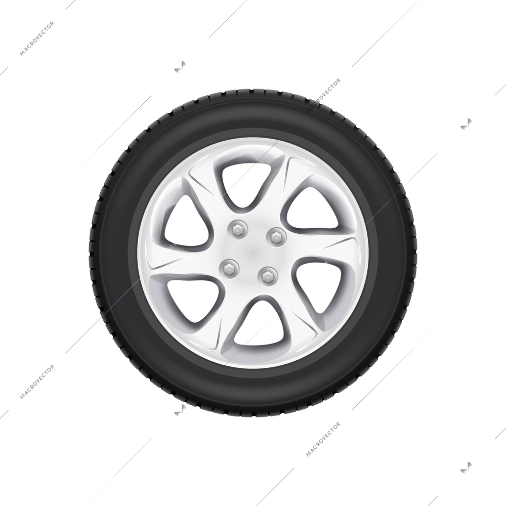 Tyred silver alloy car wheel realistic vector illustration