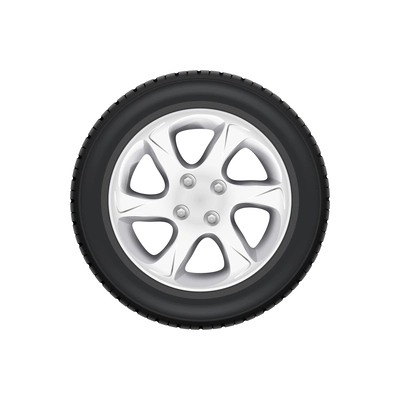 Tyred silver alloy car wheel realistic vector illustration