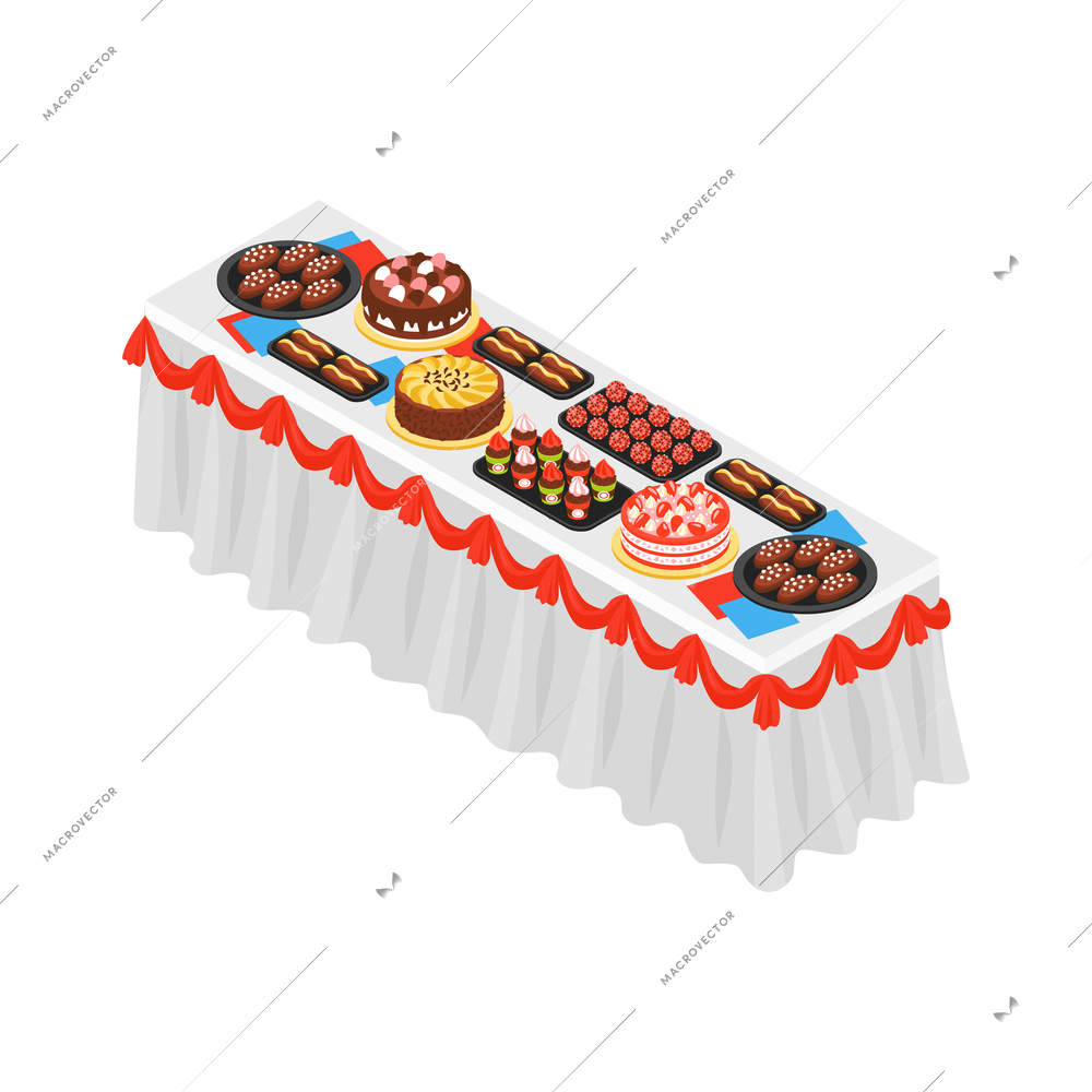 Isometric banquet dinner party table with various desserts 3d vector illustration