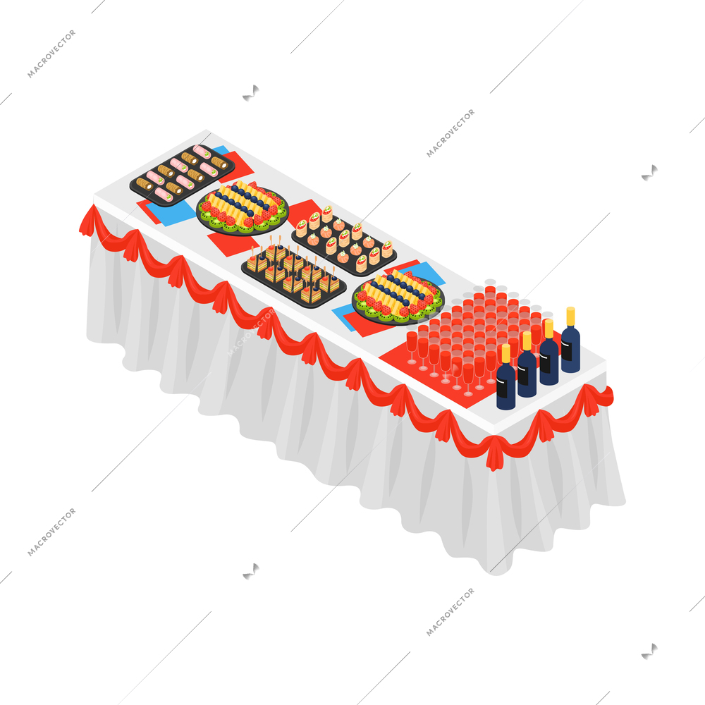Banquet dinner party table with drinks desserts and starters isometric icon 3d vector illustration