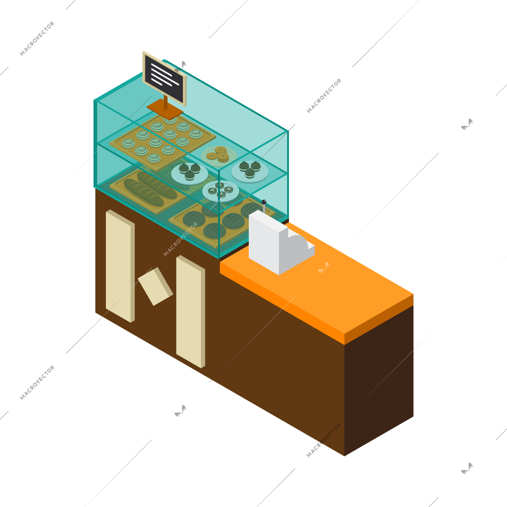 Bakery interior isometric icon with cashdesk and glass display with bread and pastry 3d vector illustration
