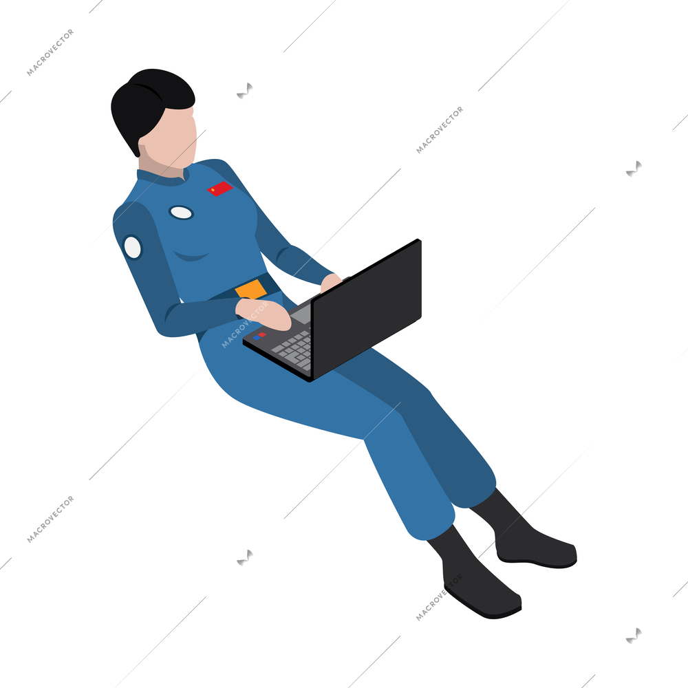 Isometric taikonaut astronaut working on laptop in zero gravity state 3d vector illustration