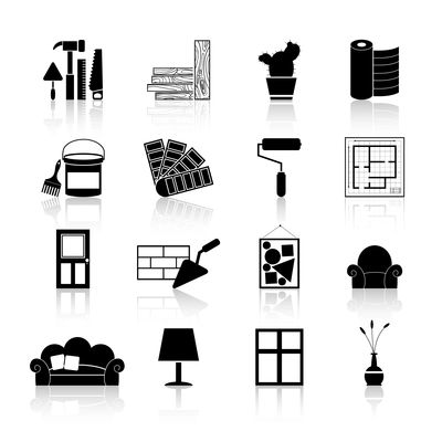 Interior design and art decoration and room indoors improvement icons black set isolated vector illustration