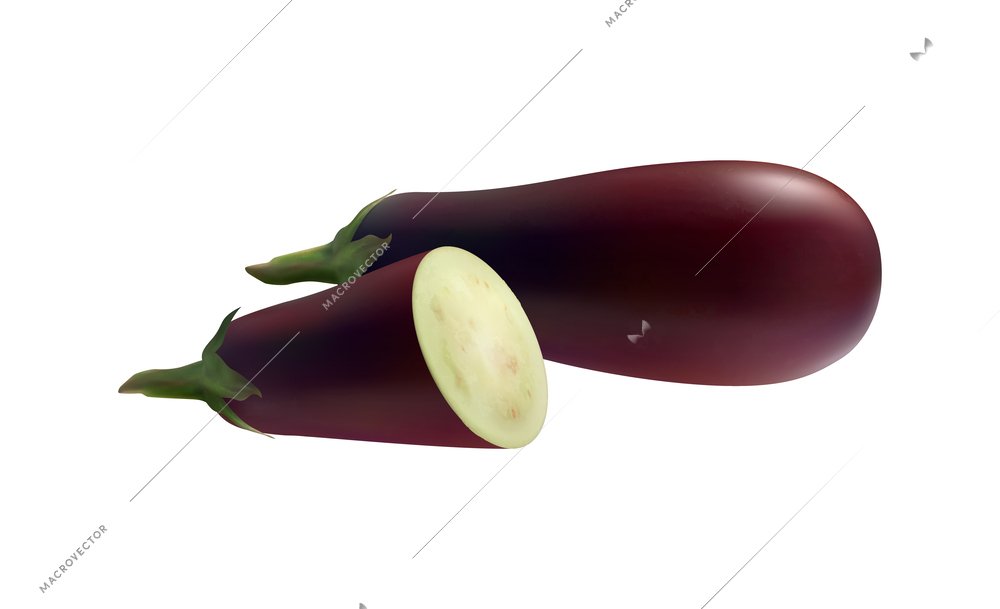 Realistic fresh whole and cut eggplant vector illustration