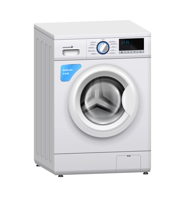 Realistic modern automatic washing machine with closed front door vector illustration