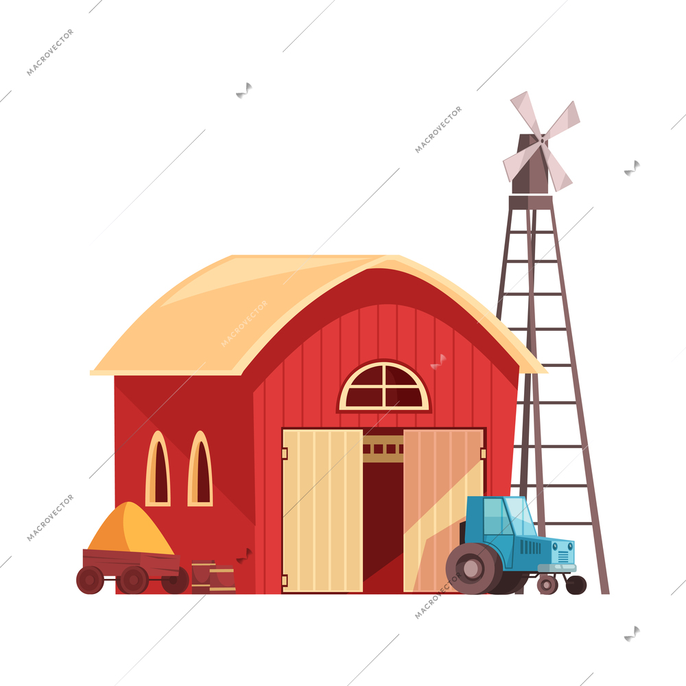 Farm barn cowshed building exterior with tractor and windmill flat vector illustration