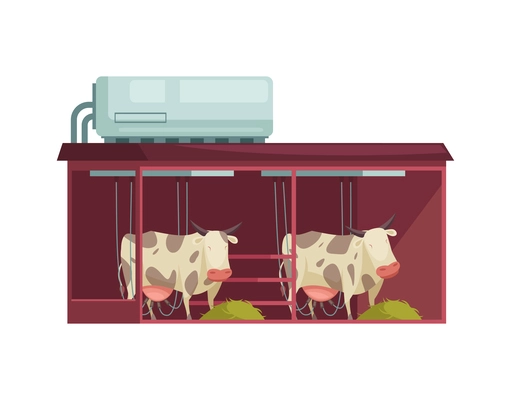 Milk production flat icon with automatic milking process and two cows vector illustration