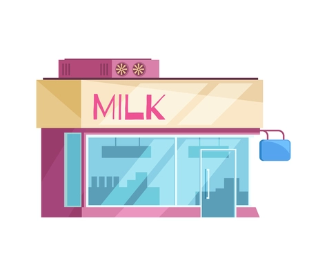 Milk dairy products shop building exterior flat vector illustration