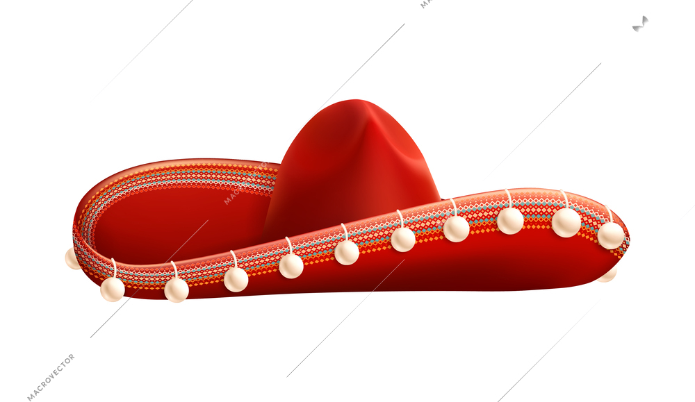 Traditional red mexican sombrero hat on white background realistic vector illustration