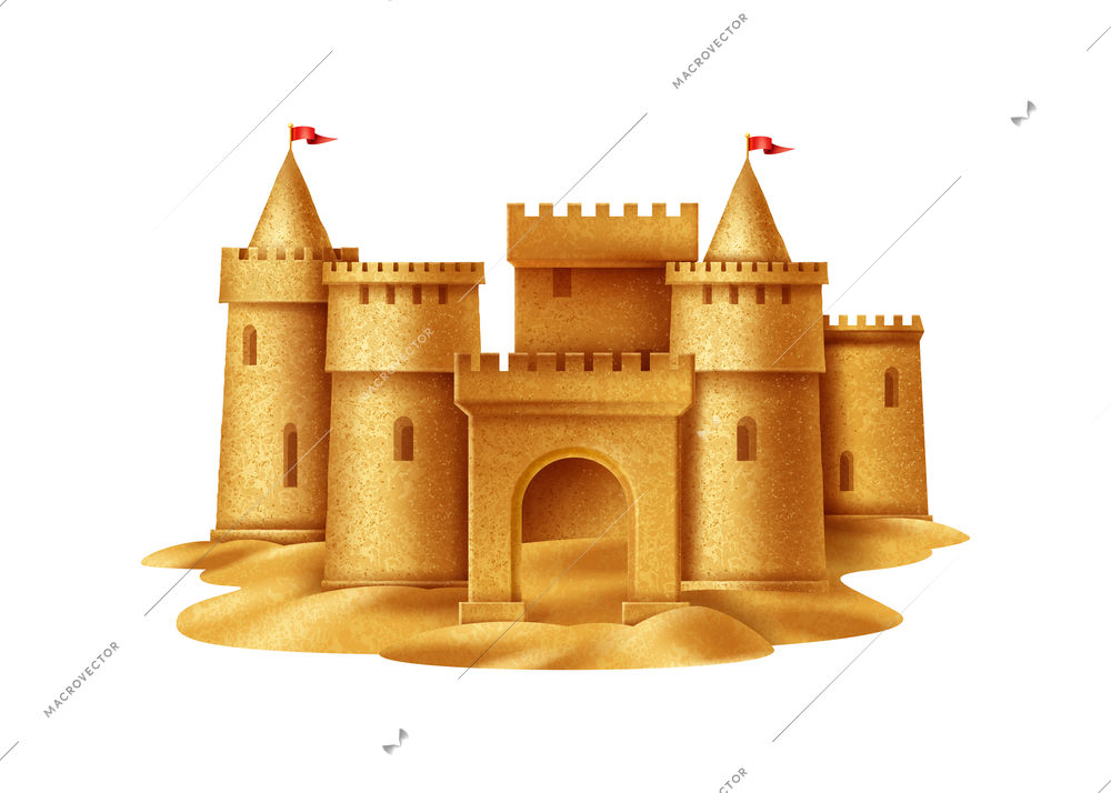 Realistic sand castle with towers front view vector illustration