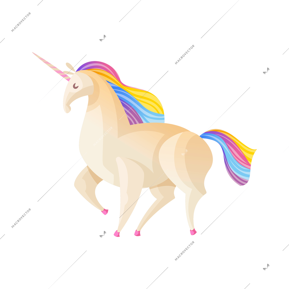 Cartoon fantasy unicorn with rainbow hair vector illustration