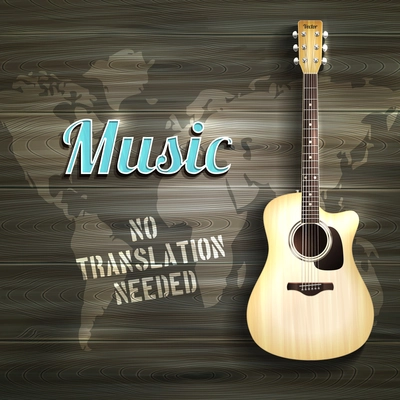 Realistic acoustic guitar on wooden background with world map vector illustration
