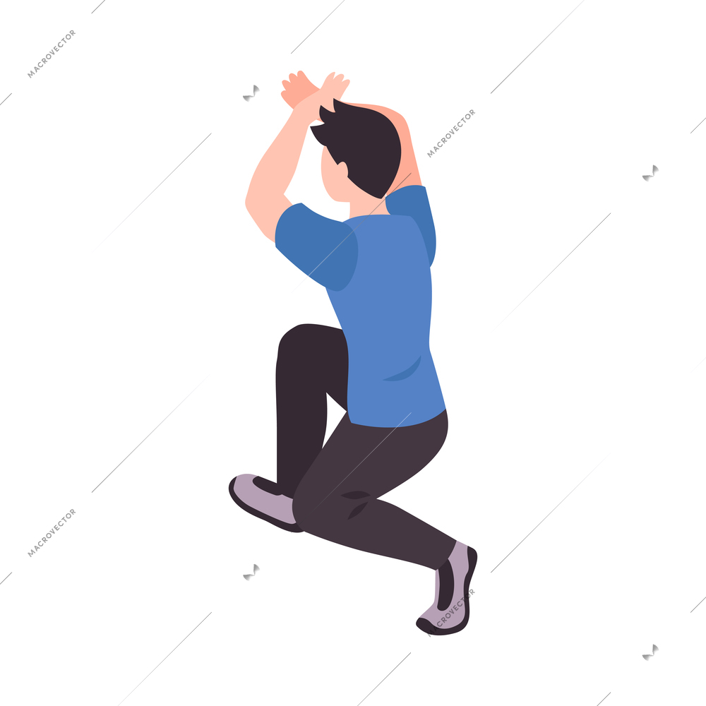 Isometric man doing physical exercise back view 3d vector illustration