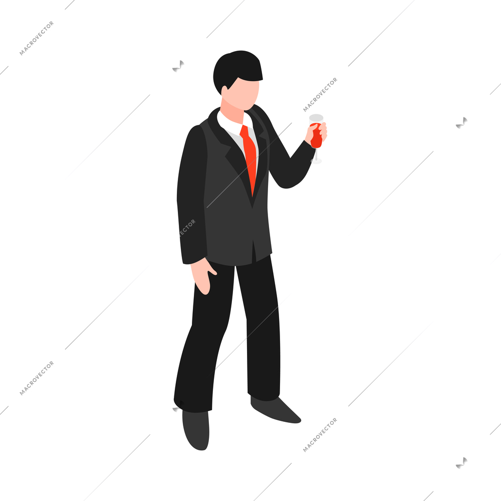 Isometric male banquet reception dinner party guest with glass of red wine 3d vector illustration