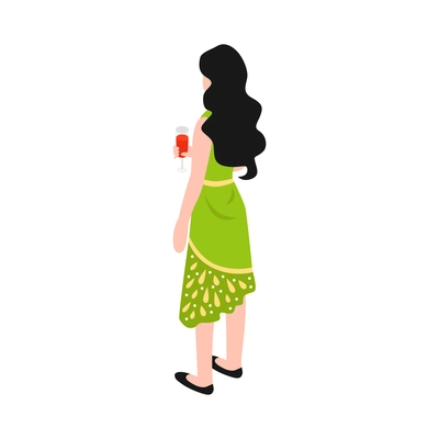 Isometric female banquet guest with glass of wine back view 3d vector illustration