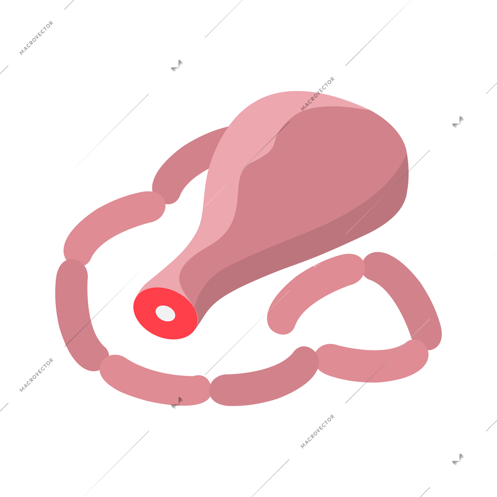 Butchery isometric icon with sausages and pork leg 3d vector illustration