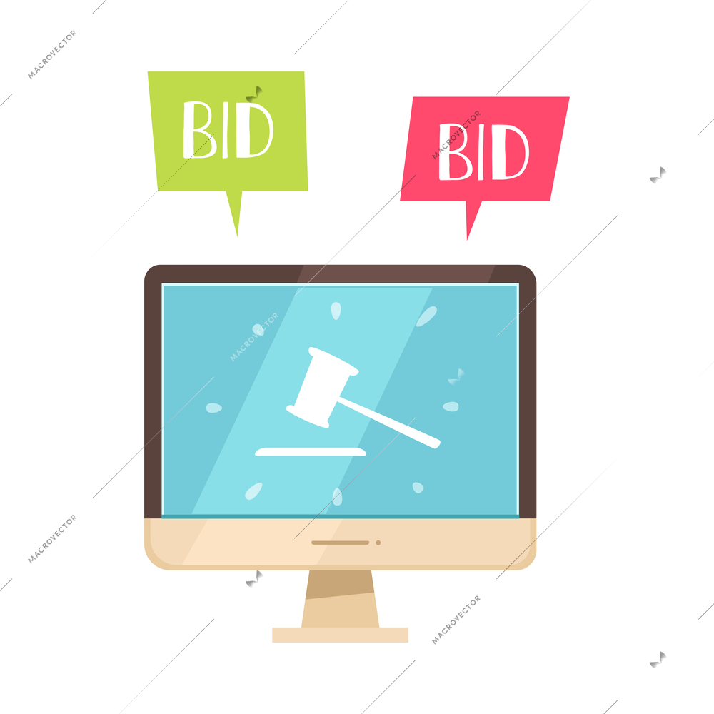 Online auction flat icon with computer monitor and bid speech bubbles vector illustration