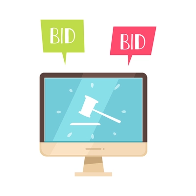 Online auction flat icon with computer monitor and bid speech bubbles vector illustration