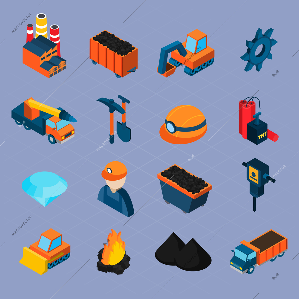 Coal industry isometric icons set with  worker bulldozer mineral extraction isolated vector illustration